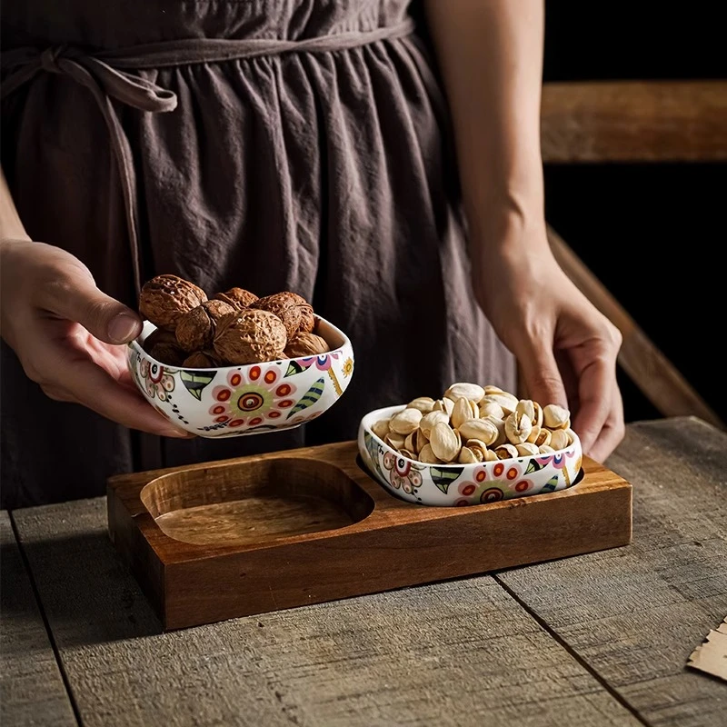 蝶恋花2格小食碗配木托盘