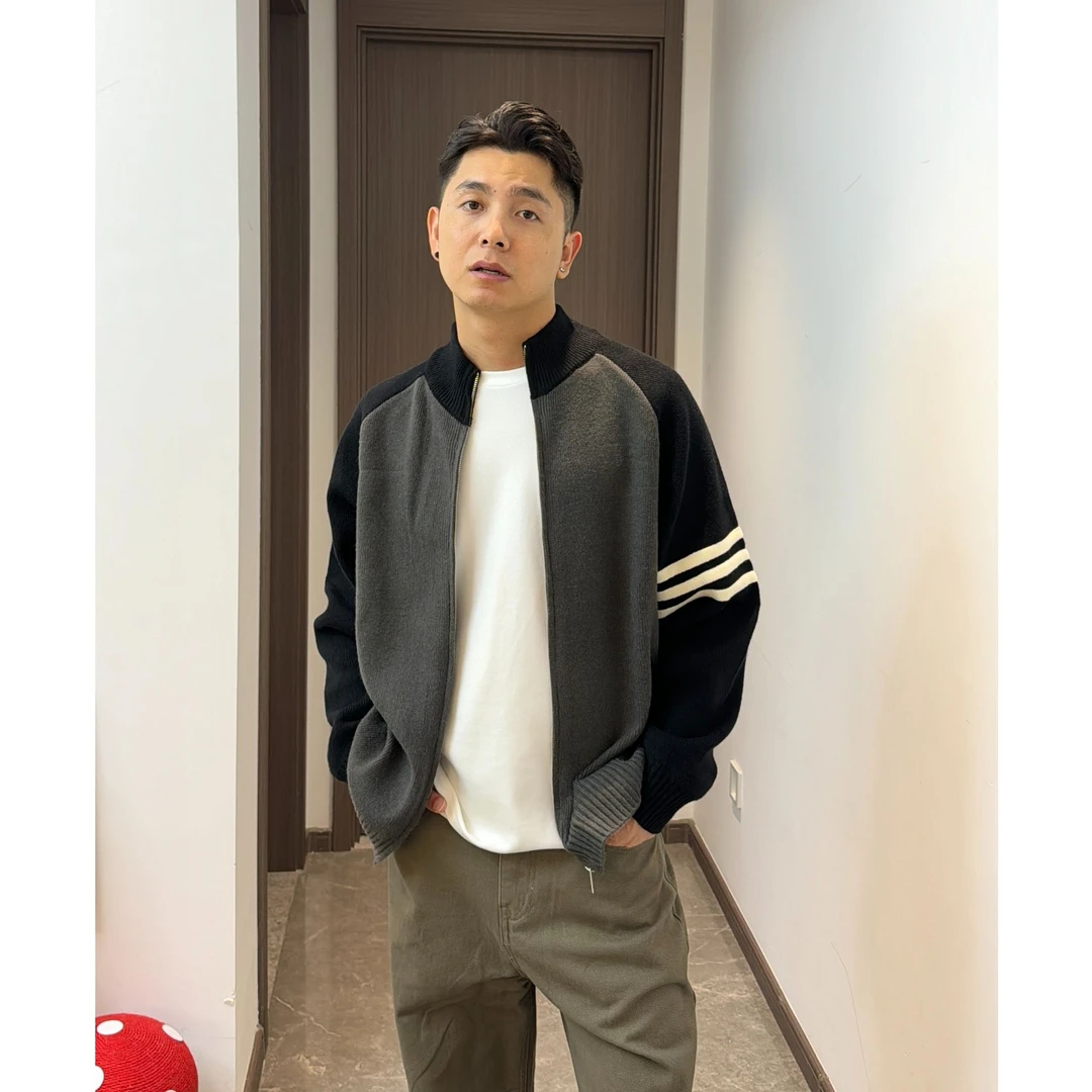 GP2 秋冬新款900g毛衣开衫格雷系三道杠撞色针织男女保暖百搭外套