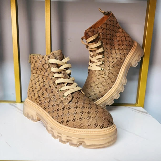 秋款圆头碎花进口布防滑马丁靴系带短靴