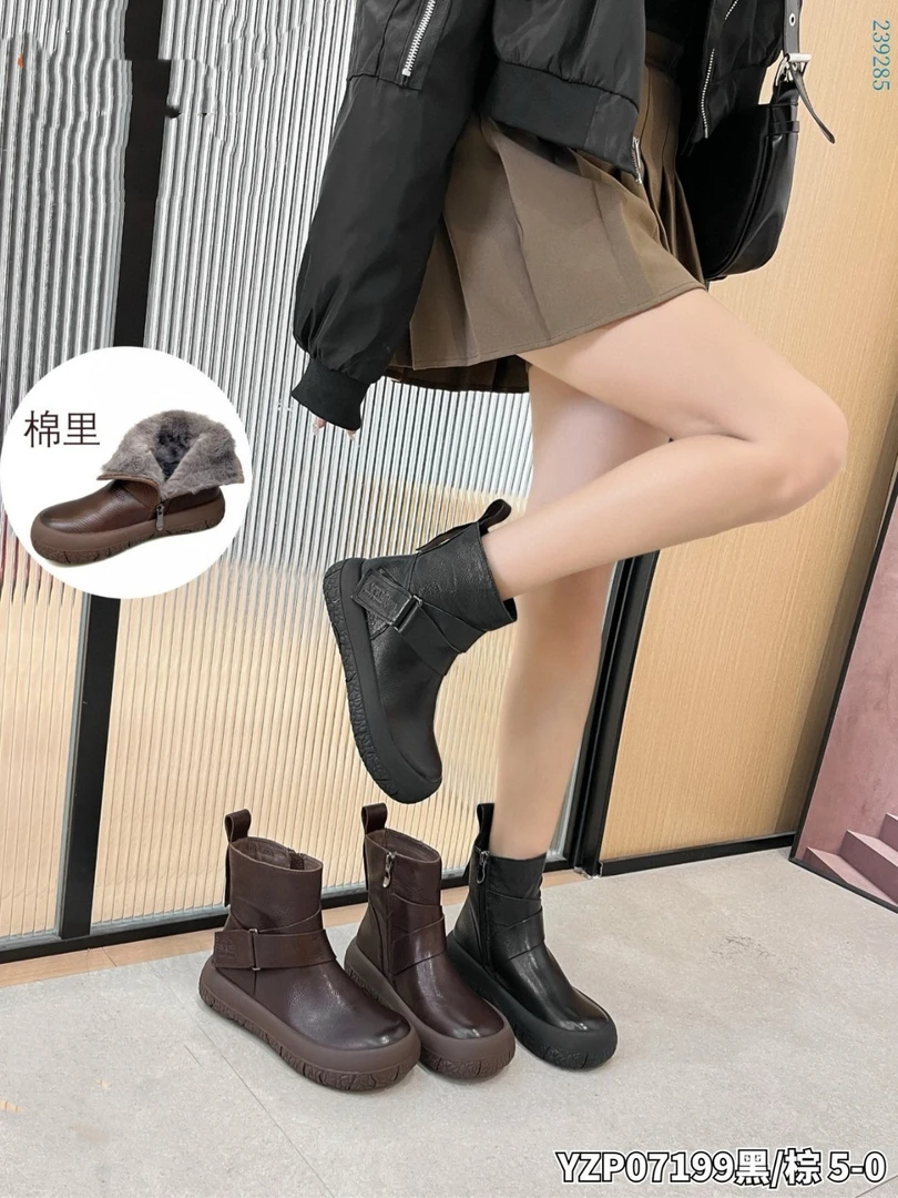 真皮厚底马丁靴女复古休闲圆头短靴透气低筒靴子