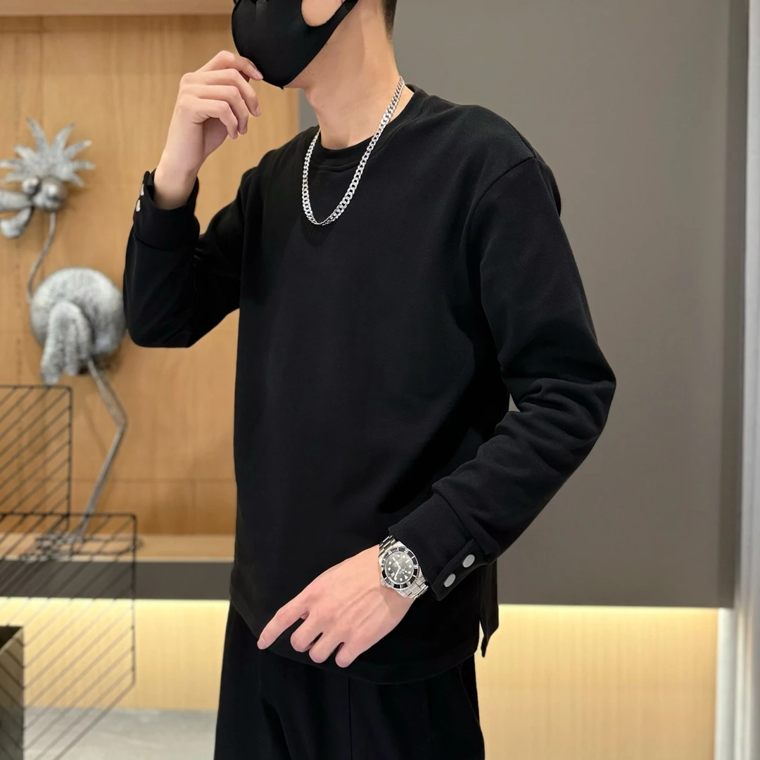 冬季徳绒保暖长袖内搭男t设计款简约圆领卫衣T恤开叉高级感打底衫