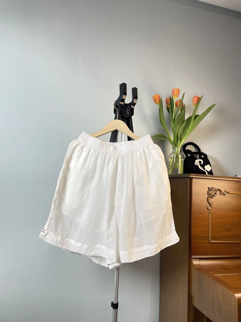 春夏高端苎麻精包边双层短裤女宽松百搭时尚侧边绣线裤子松紧腰