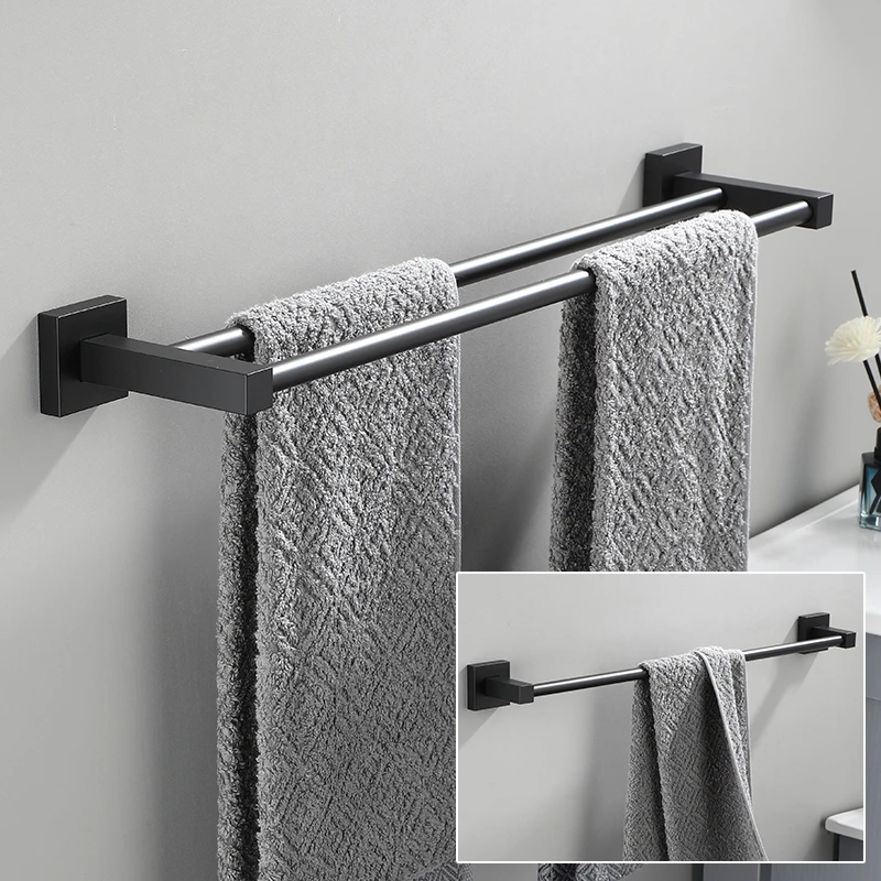免打孔黑色浴室双杆毛巾架 太空铝单杆简约卫生间壁挂毛巾杆