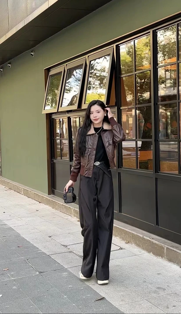 2024皮衣女外套/美拉德黑色外套/翻领/加绒保暖显瘦/气质休闲/