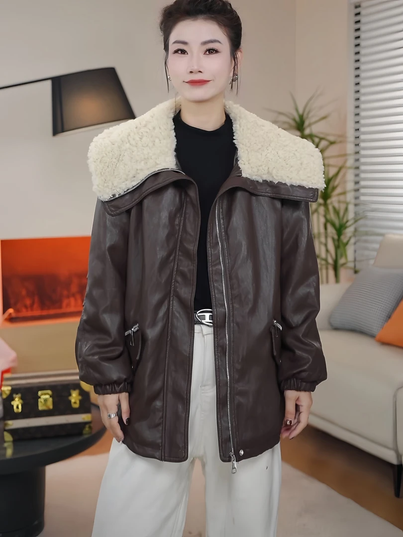 【沐言千初】新款加绒保暖外套/韩系气质显瘦/皮衣女长款外套翻领