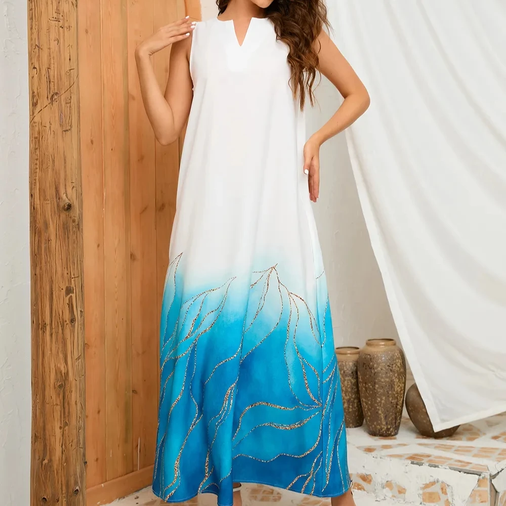 2025春夏新款女装 时尚渐变效果3D立体印花连衣裙V领无袖口袋长裙