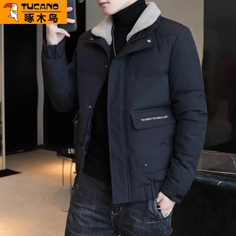 啄木鸟棉衣男士外套短款冬季加厚加绒棉袄潮流冬装毛领男装羽绒服