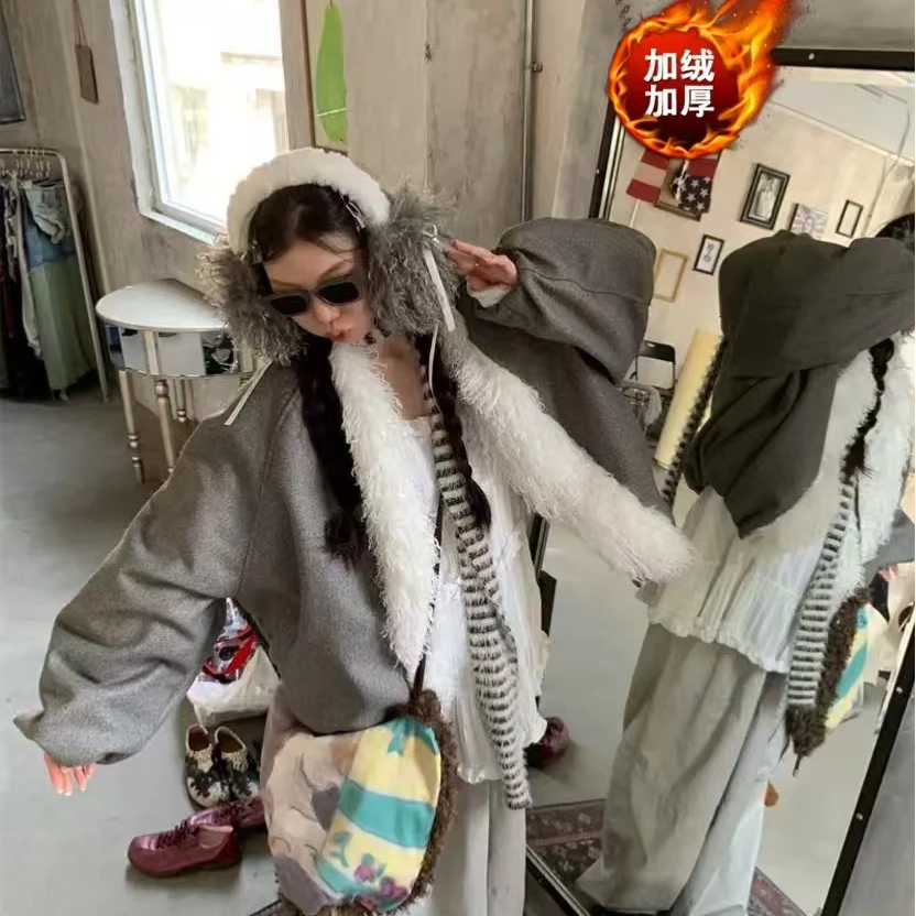 美式设计感拼接毛毛夹棉加厚棉 服外套女保暖宽松棉衣套装