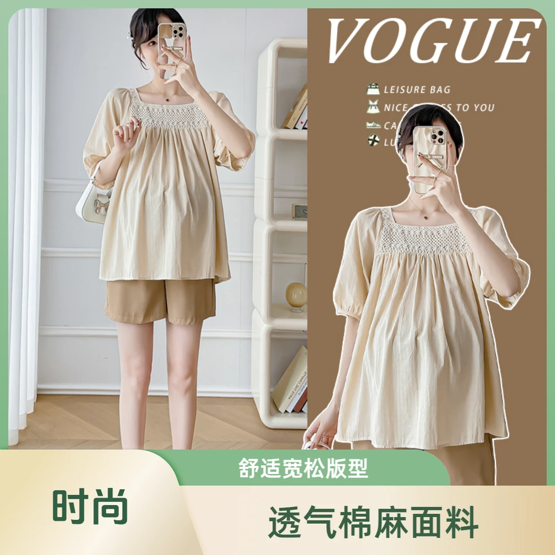 夏季孕妇上衣娃娃衫镂空棉麻短袖女夏装宽松洋气孕妈妈透气上衣