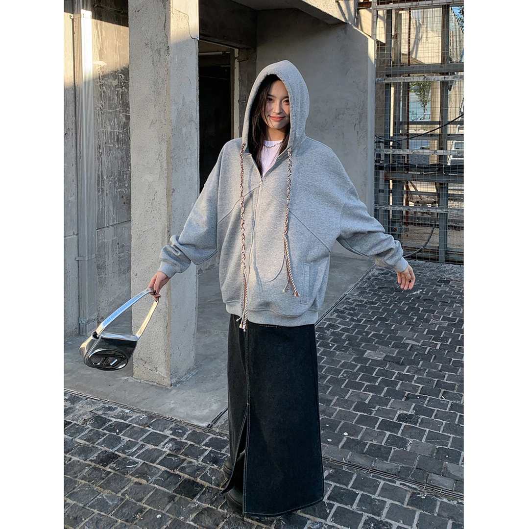 SIXI四喜家秋季 柔软兼顾廓形 灰色拉链连帽卫衣女宽松开衫外套