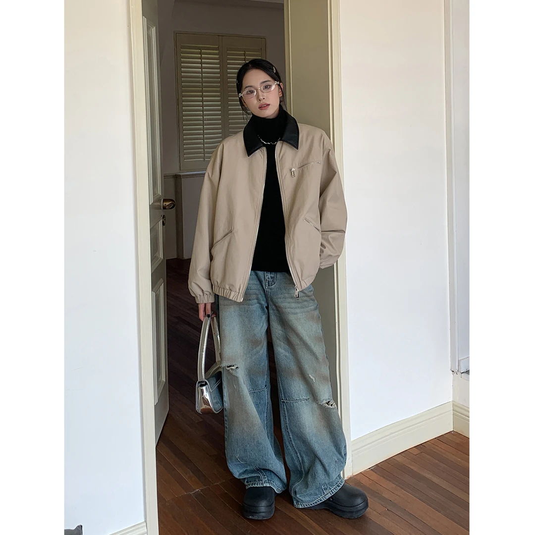 SIXI四喜家 复古层次做旧水洗破洞牛仔裤女秋季宽松直筒阔腿长裤