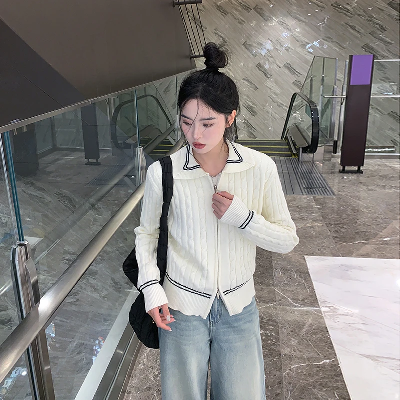 SIXI四喜家春季 波尔多法式 翻领针织拉链开衫女显瘦小个子毛衣