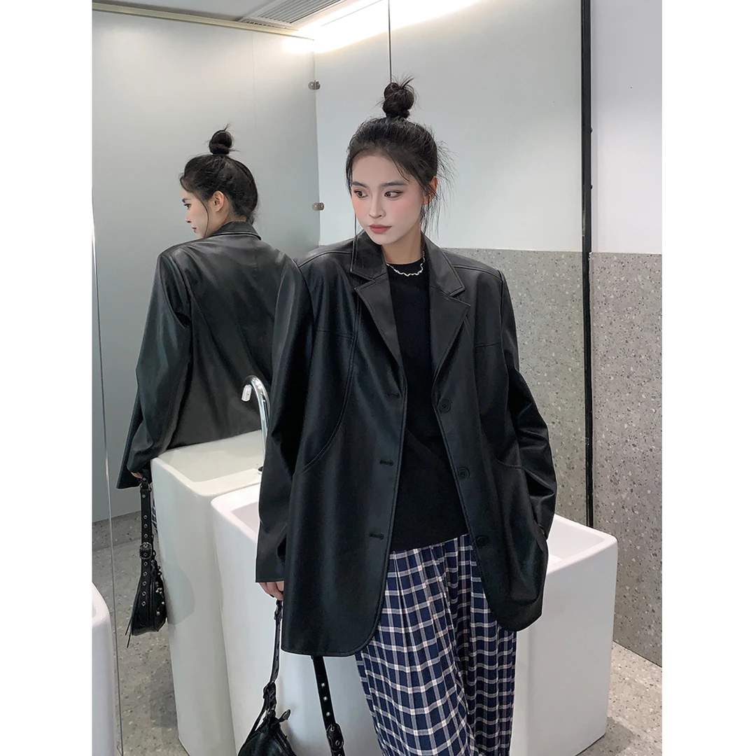 SIXI四喜家秋季 经典廓形皮西装女宽松法式复古高级设计感外套