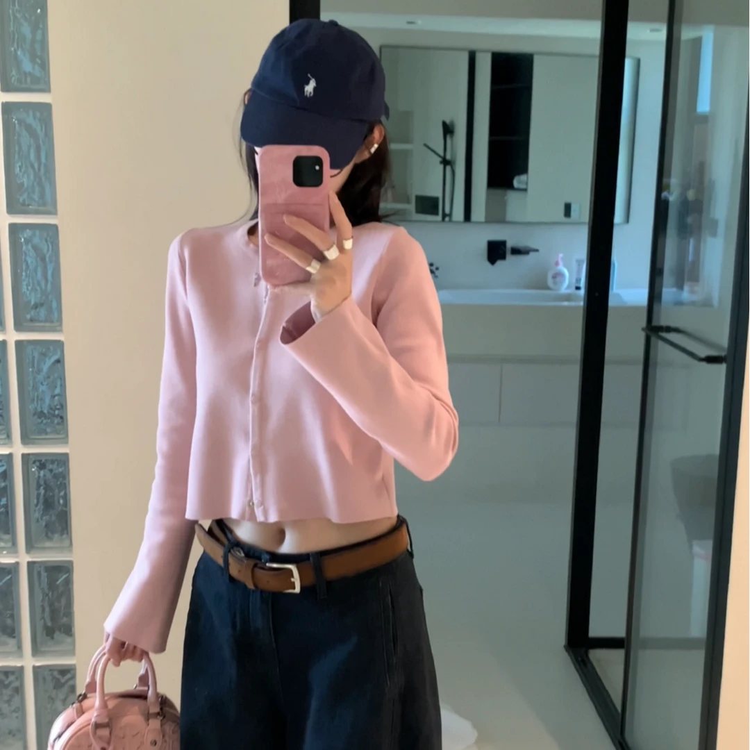 LA 温秋柔粉色 双面织法 针织开衫 26660