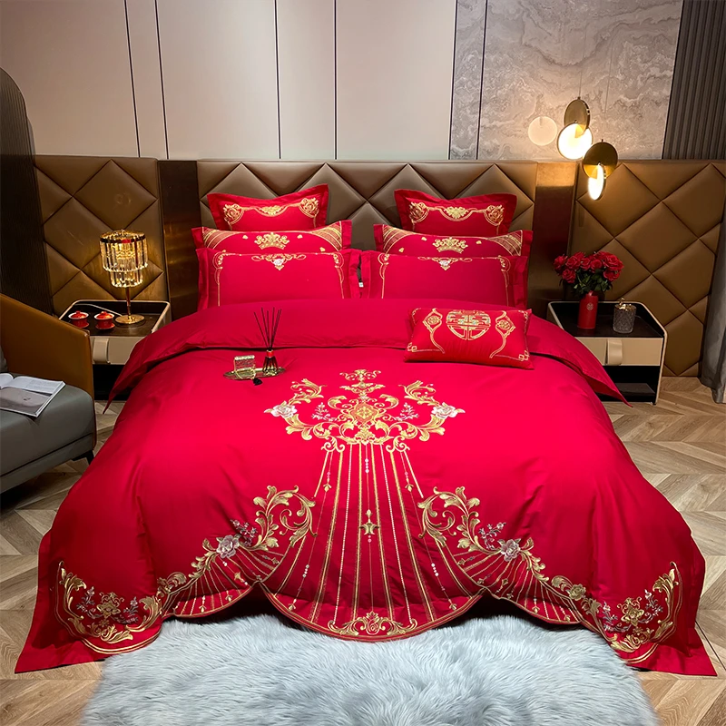 尹黛尔【拉菲庄园】大红色喜被绣花四件套婚庆结婚床上用品婚房