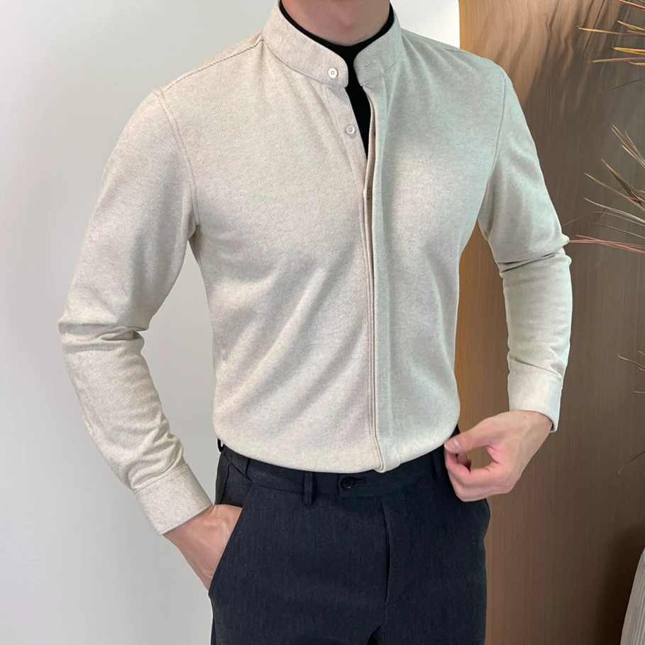 秋冬季男士立领针织假两件衬衫帅气休闲英伦毛呢外套百搭打底衫