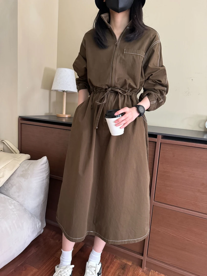 连衣裙女长袖半拉链气质衬衫裙春秋休闲风系带收腰显瘦外搭-L0166