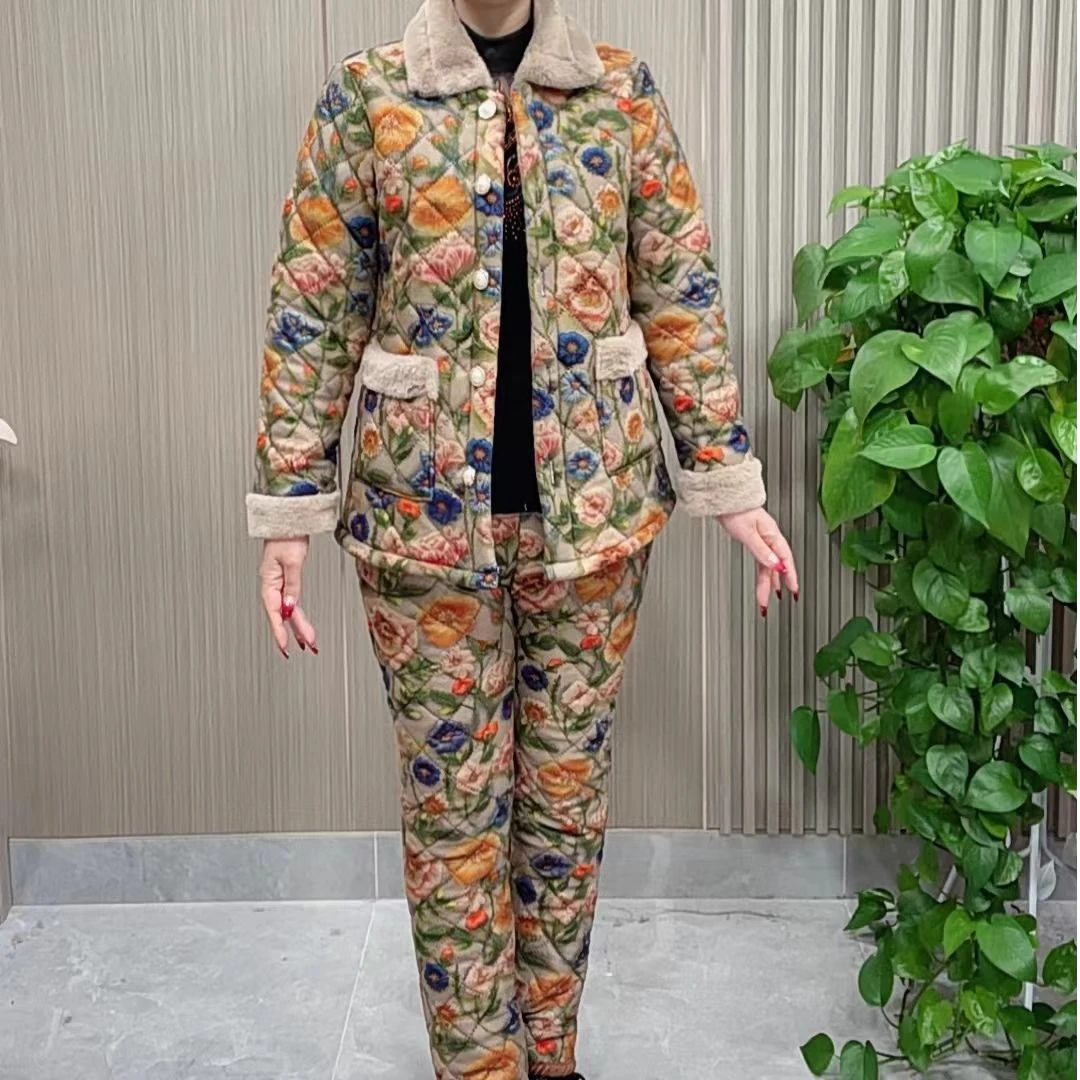 【套装】冬季新款加绒加棉5d数码印花棉衣棉裤套装