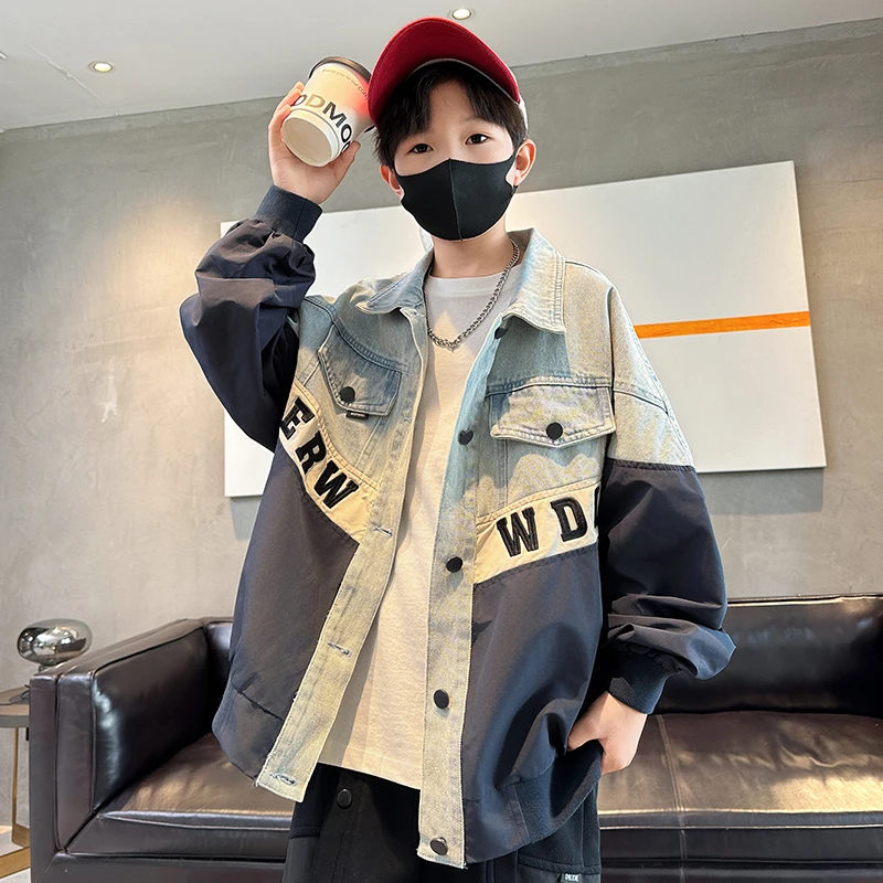 男童牛仔外套拼接春秋2025中大童休闲韩版长袖宽松儿童洋气上衣潮