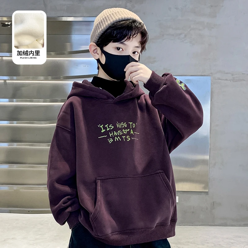 男童加绒卫衣秋冬宽松连帽2024中大童休闲韩版长袖儿童加厚冬装潮