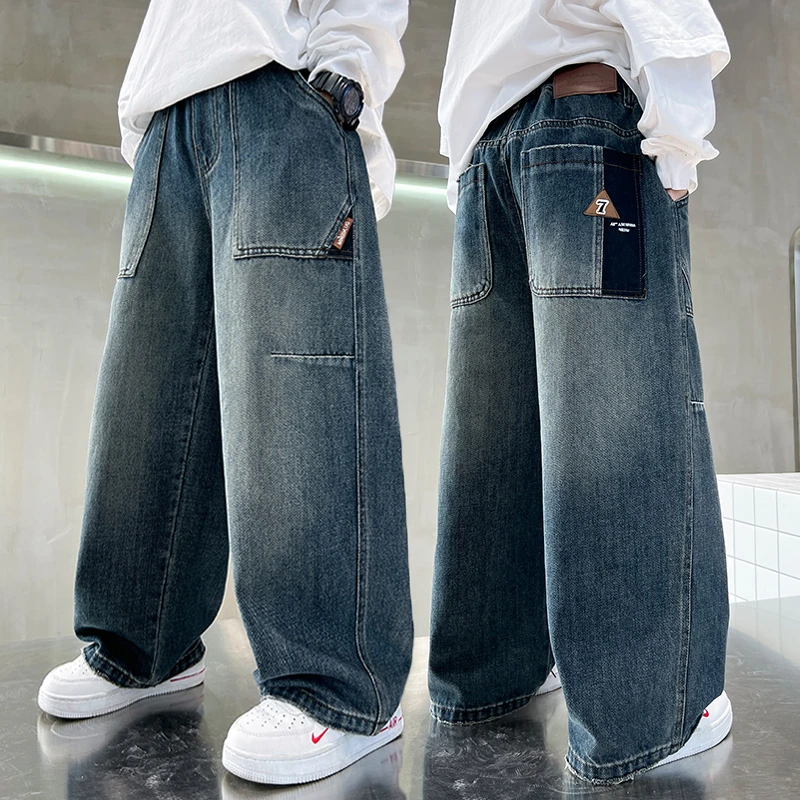 男童牛仔阔腿裤春秋2024中大童休闲韩版长裤宽松儿童直筒裤子洋气