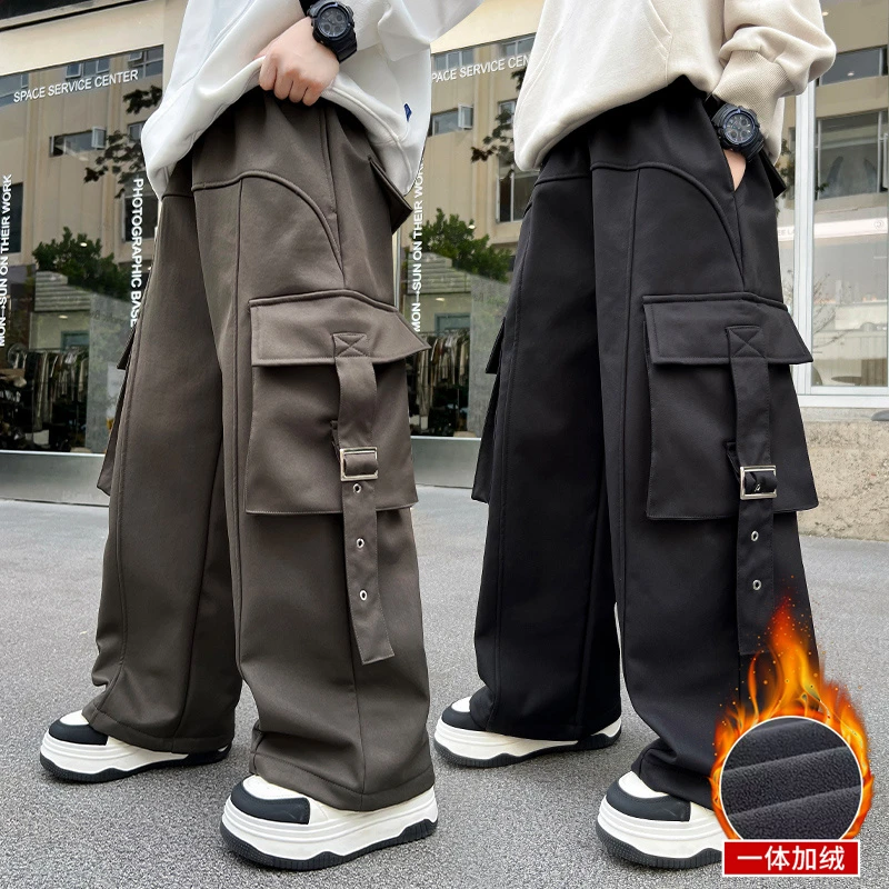 男童加绒工装裤直筒秋冬2024中大童长裤宽松儿童加厚裤子冬季宽松