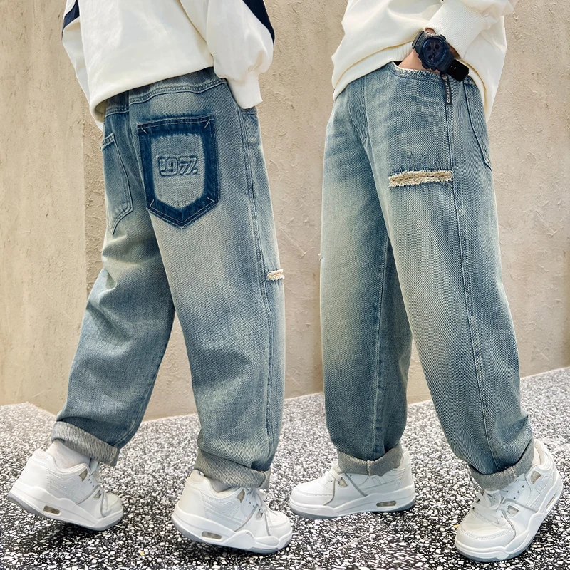 男童牛仔裤春秋款2024中大童休闲长裤宽松破洞儿童裤子洋气春装潮