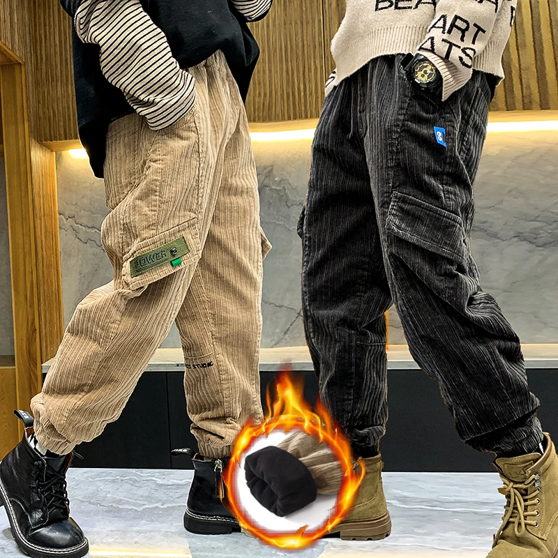 男童加绒裤子秋冬灯芯绒2023中大童休闲长裤宽松儿童加厚一体绒潮
