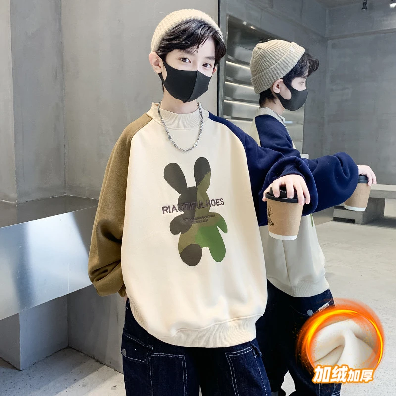 男童加绒卫衣秋冬2023拼接中大童韩版上衣儿童加厚长袖冬季保暖潮