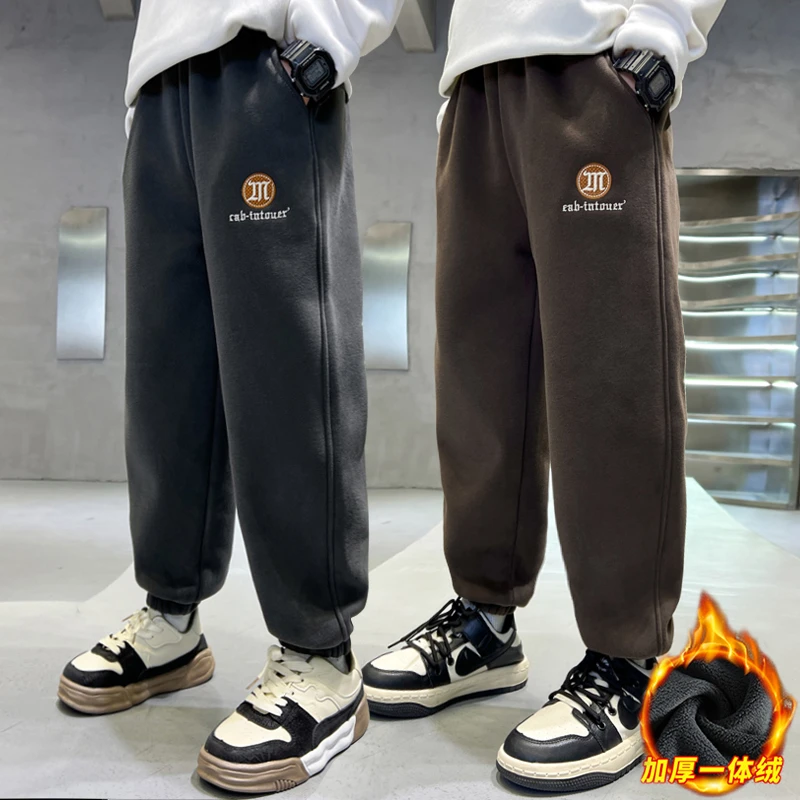 男童加绒裤子秋冬款2023中大童休闲长裤宽松儿童加厚卫裤冬季保暖