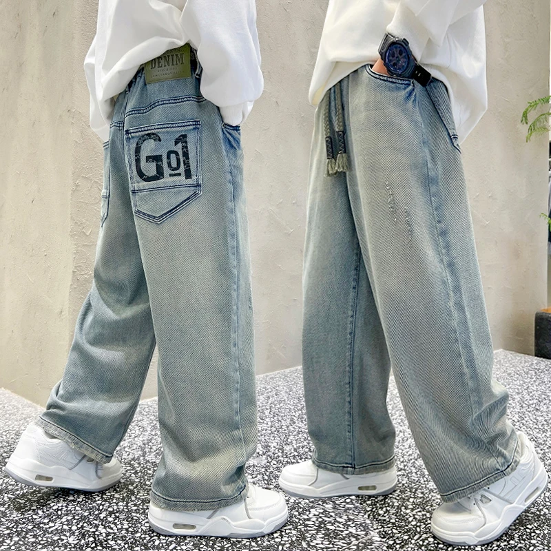 男童牛仔阔腿裤春秋款2024中大童休闲长裤宽松儿童直筒裤子春季潮