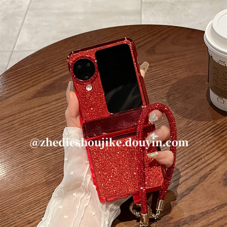 适用oppofindn3flip手机壳n3flip新年红色闪粉碎钻链条全包中轴女
