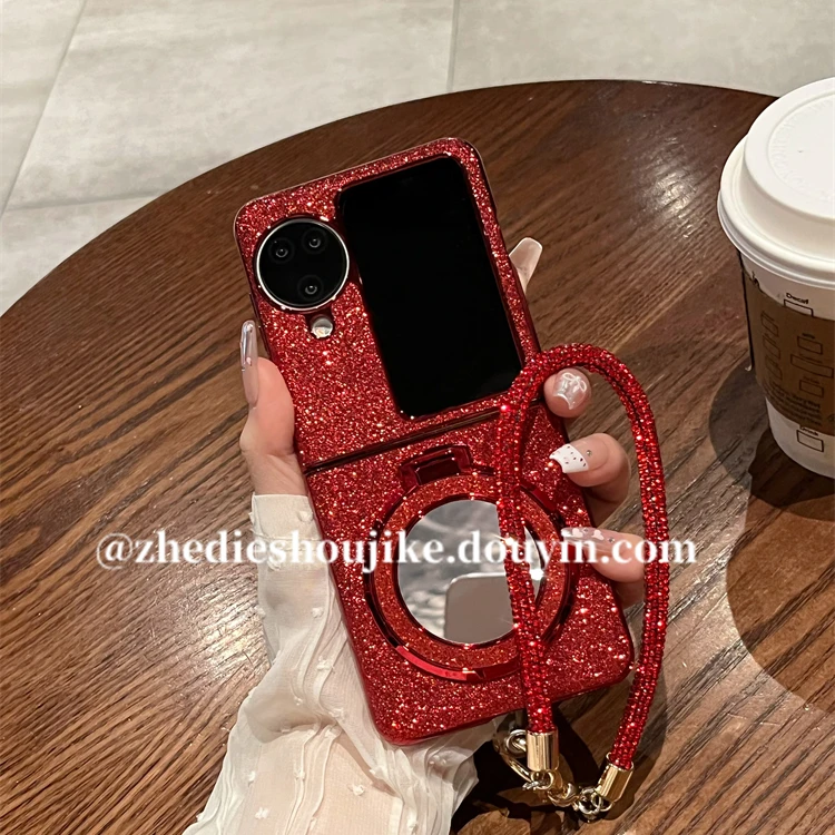 适用oppofindn3flip手机壳n3flip新年高级红色闪粉镜面支架链条女