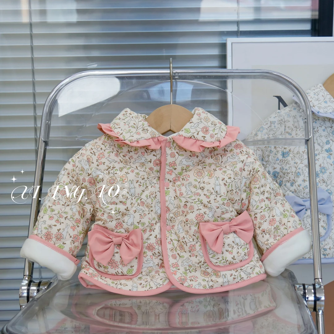 ZX女宝宝碎花娃娃领双口袋蝴蝶结可爱公主风棉袄ZS-G-D77