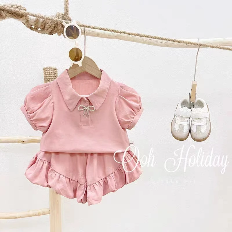 女童夏季泡泡袖POLO领蝴蝶结短裤短袖花苞短裤两件套WL-X-B26