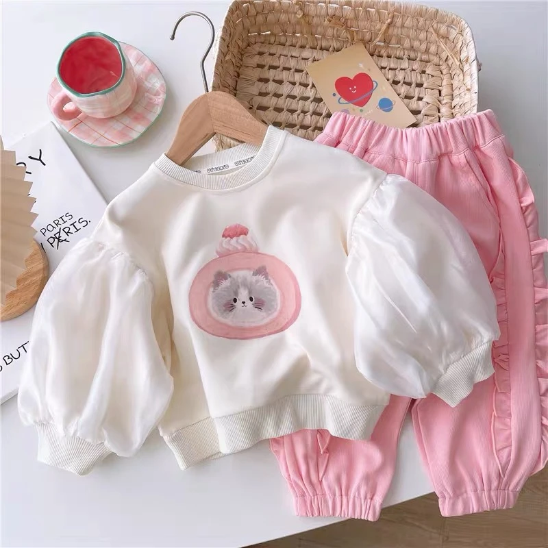 C女童韩版早春款洋气宝宝泡泡袖卡通小猫咪休闲卫裤套装ZS-W-C07