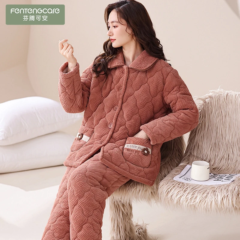 芬腾可安女士三层加厚珊瑚绒夹棉睡衣秋冬季法兰牛奶绒保暖棉袄家