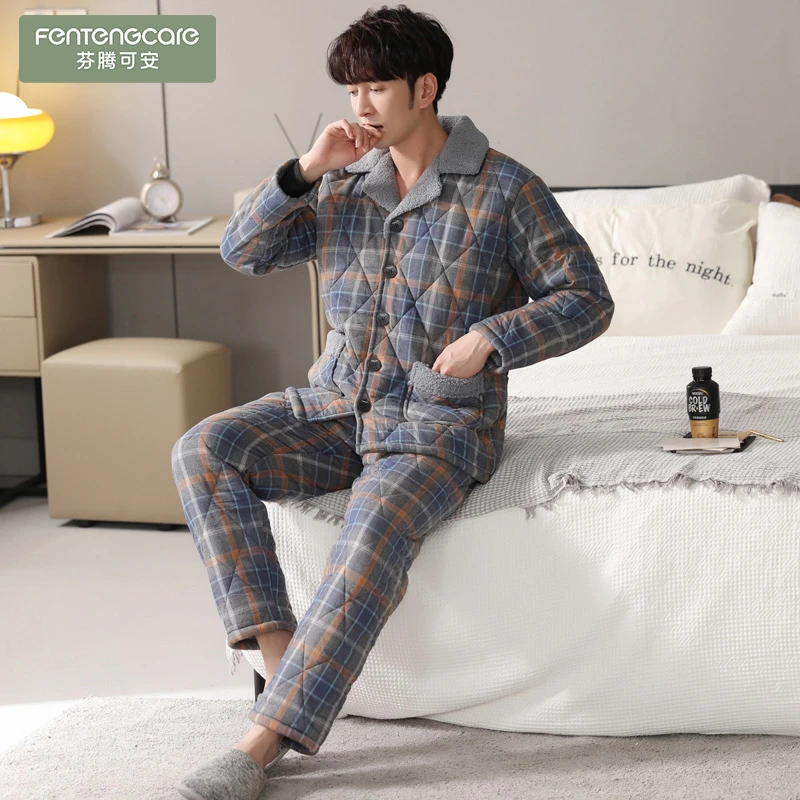 芬腾可安防静电睡衣男士冬季纯棉夹棉三层加厚加绒保暖秋冬家居服