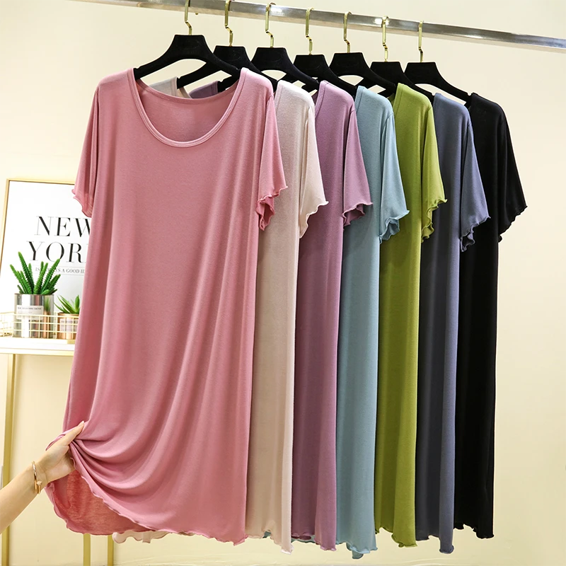 新款睡裙女士夏莫代尔中长款连衣裙薄款圆领短袖a字裙家居裙宽松