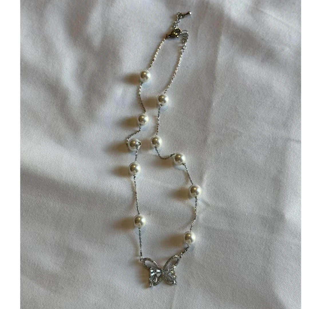 铜合金仿珍珠吊坠 新款蝴蝶结满钻珍珠项链仙女手链 超仙气质优雅