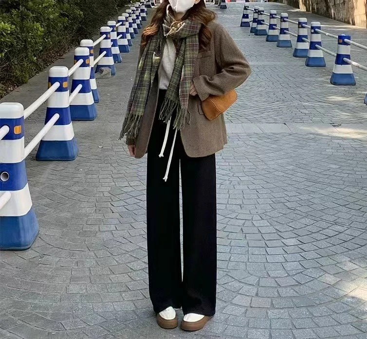 休闲阔腿显瘦运动直筒外穿宽松垂感时尚百搭拖地抽绳韩版糯米