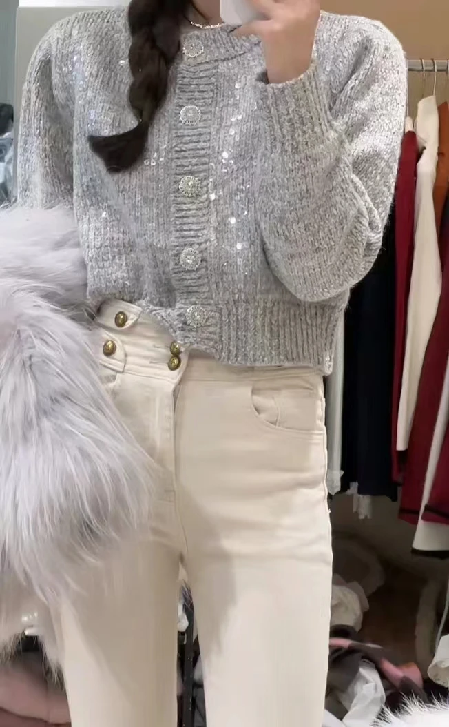 时尚百搭洋气舒适潮流亮片针织开衫