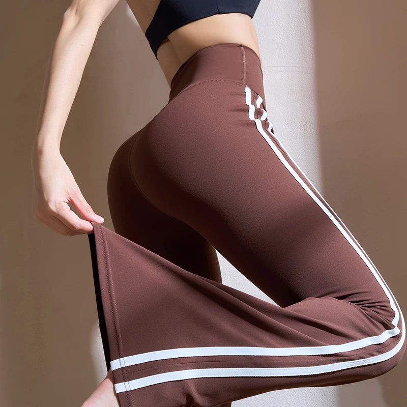 seven polyphylla条纹微喇裤阔腿瑜伽裤蜜桃提臀健身裤速干运动裤