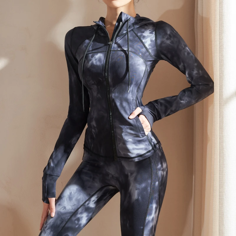 SP收腰紧身长袖瑜伽服连帽健身运动上衣欧美训练服显瘦舞蹈外套女