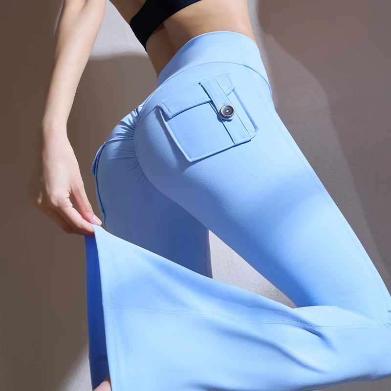 seven polyphylla口袋微喇叭阔腿瑜伽裤速干运动裤蜜桃提臀健身裤