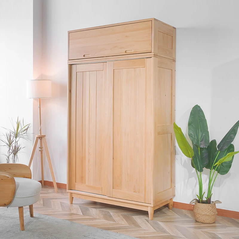 日式全实木柏木直拼推拉门衣柜北欧风储物小户型家用原木移门衣橱