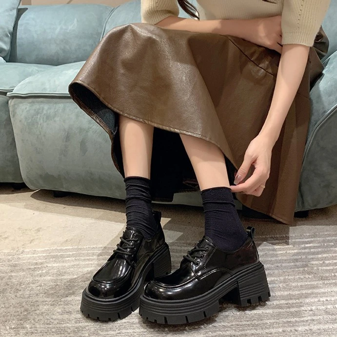 英伦风小皮鞋女2025新款厚底增高圆头系带黑色玛丽珍jk乐福鞋单鞋