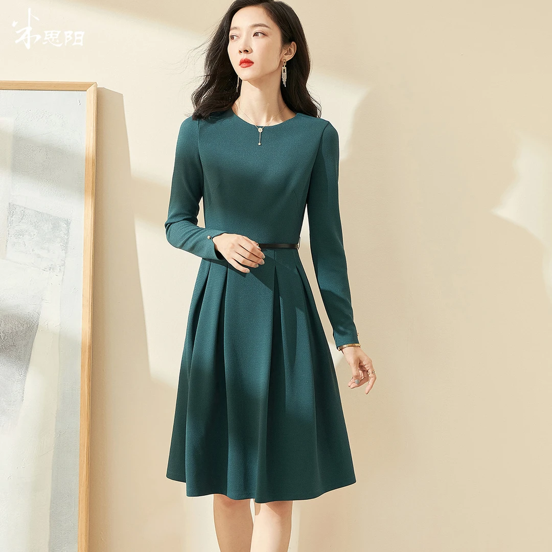 【米思阳】复古优雅A字裙气质纯色收腰大摆连衣裙5X22AL0042