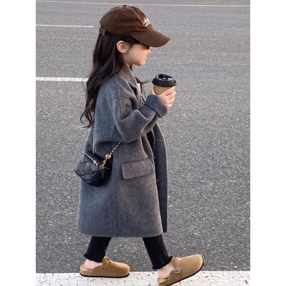 韩国童装女童双面呢大衣2023秋冬款小女孩洋气翻领中长款毛呢外套