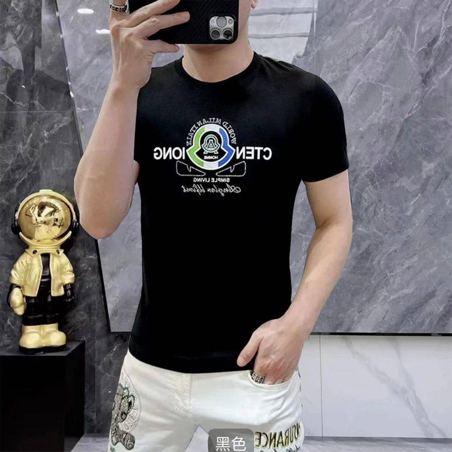 【潮牌欧货】男士新款高端潮流烫钻字母印花修身痞帅圆领短袖6896